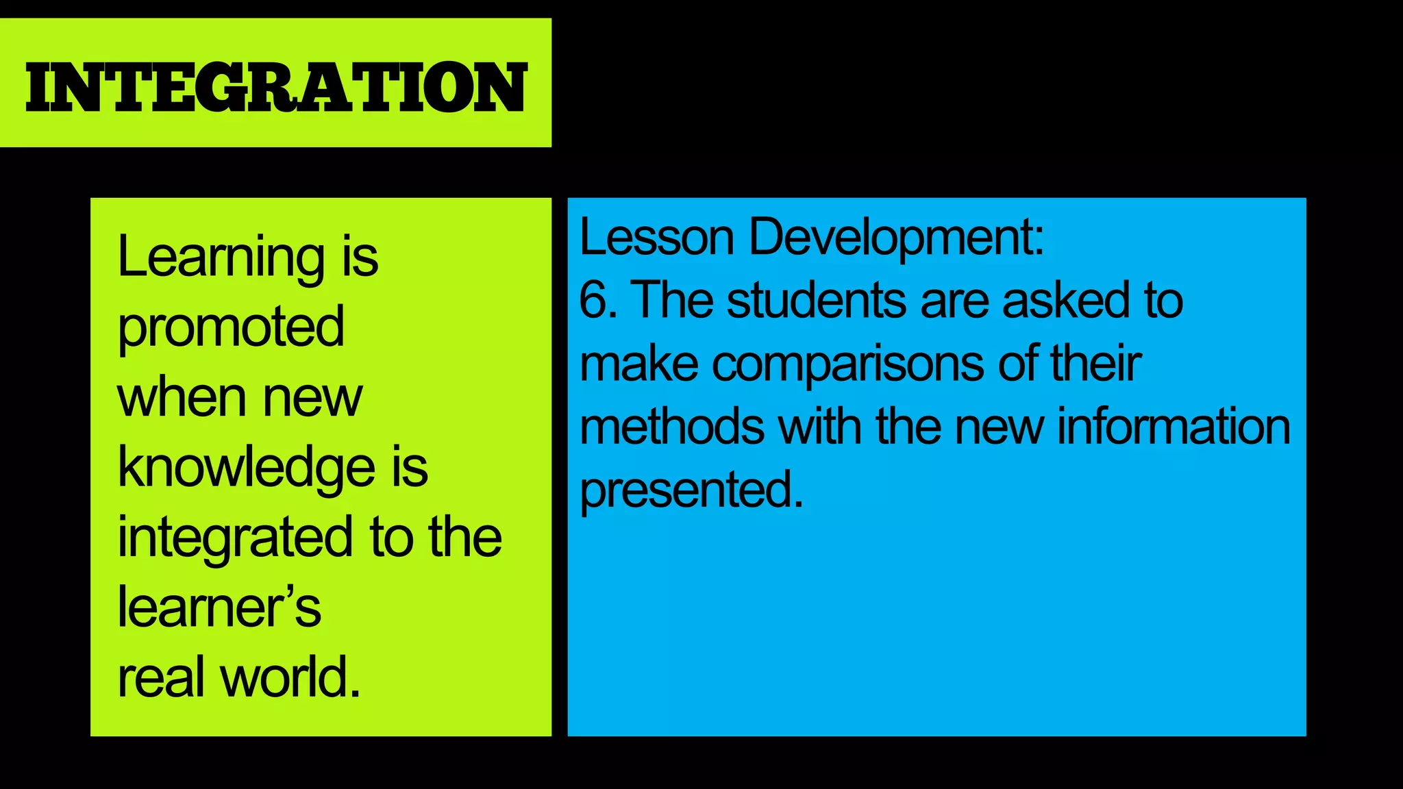INTEGRATION
Learning is
promoted
when new
knowledge is
integrated to the
learner’s
real world.
Lesson Development:
6. The students are asked to
make comparisons of their
methods with the new information
presented.
 