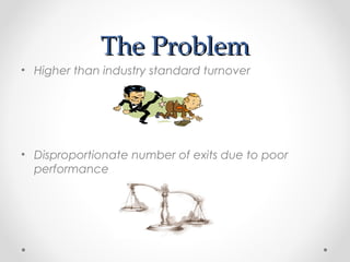 The ProblemThe Problem
• Higher than industry standard turnover
• Disproportionate number of exits due to poor
performance
 