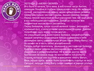 ЛЕГЕНДА О «MERRY BERRY»
Это было в начале 19-го века, в восточной части Англии,
севернее Лондона в глубине Шервудского леса. На зеленую
поляну, расположенную между двумя крошечными речками
перед кристально чистым озером, вышел Джеймс Бейкер.
Перед лесной прогулкой он был расстроен тем, как идут дела
в его небольшом ресторанчике. Дойдя до полянки, все
неприятные мысли почти рассеялись.
Перед Бейкером, среди сочной зеленой травы, раскинулся
огромный куст, с аппетитными красочными ягодами. Джеймс
попробовал одну ягоду, потом другую…
На следующий день в ресторане Бейкера, каждый коктейль,
каждый напиток и даже каждое блюдо содержало в себе
маленькую часть удивительной ягодки Мери (Marry Barry), так
он назвал ее в честь своей возлюбленной.
Теперь любой посетитель, зашедший в ресторанчик Бейкера,
будучи в самом плохом расположении духа, выходил
радостным и умиротворенным. Ни в каком другом месте
британских островов люди не могли найти той полноты
отдыха, которую они ощутили в заведении «Marry Barry».
Ведь только здесь, можно было попробовать счастье на вкус!
Сегодня, легенда Marry Barry снова оживает в разных уголках
мира…
 