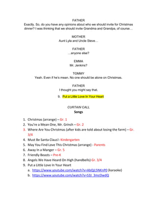 FATHER 
Exactly. So, do you have any opinions about who we should invite for Christmas 
dinner? I was thinking that we should invite Grandma and Grandpa, of course… 
MOTHER 
Aunt Lyla and Uncle Steve… 
FATHER 
…anyone else? 
EMMA 
Mr. Jenkins? 
TOMMY 
Yeah. Even if he’s mean. No one should be alone on Christmas. 
FATHER 
I thought you might say that. 
9. Put a Little Love In Your Heart 
CURTAIN CALL 
Songs 
1. Christmas (arrange) – Gr. 1 
2. You’re a Mean One, Mr. Grinch – Gr. 2 
3. Where Are You Christmas (after kids are told about losing the farm) – Gr. 
3/4 
4. Must Be Santa Claus!- Kindergarten 
5. May You Find Love This Christmas (arrange) - Parents 
6. Away In a Manger – Gr. 5 
7. Friendly Beasts – Pre-K 
8. Angels We Have Heard On High (handbells) Gr. 3/4 
9. Put a Little Love In Your Heart 
a. https://www.youtube.com/watch?v=AbQjL5NKnP0 (karaoke) 
b. https://www.youtube.com/watch?v=S3J_3mcOwdQ 
