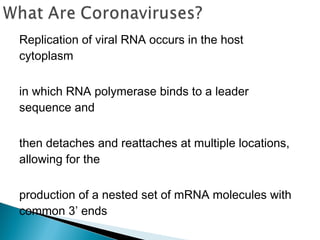 Replication of viral RNA occurs in the host
cytoplasm
in which RNA polymerase binds to a leader
sequence and
then detaches and reattaches at multiple locations,
allowing for the
production of a nested set of mRNA molecules with
common 3’ ends
 