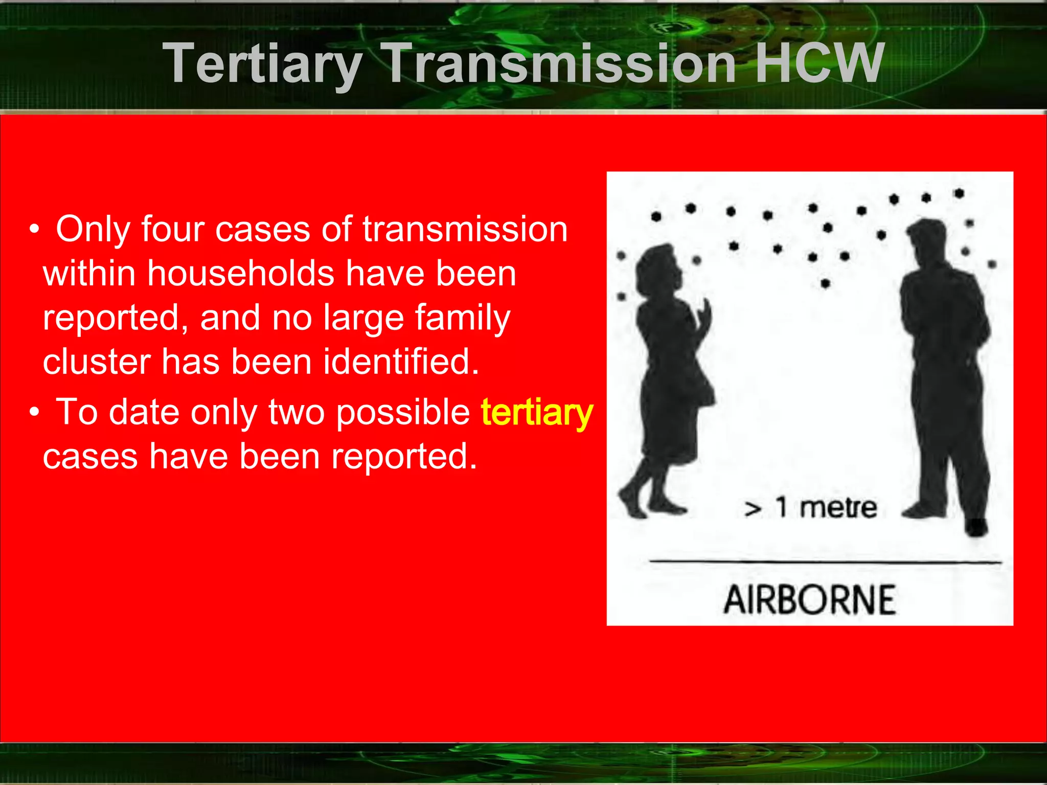 Tertiary Transmission HCW
• Only four cases of transmission
within households have been
reported, and no large family
cluster has been identified.
• To date only two possible tertiary
cases have been reported.
 
