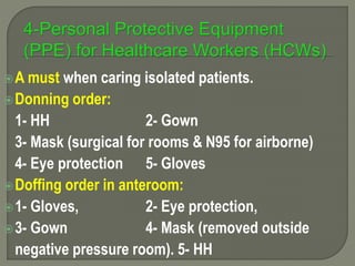 A must when caring isolated patients.
Donning order:
1- HH 2- Gown
3- Mask (surgical for rooms & N95 for airborne)
4- Eye protection 5- Gloves
Doffing order in anteroom:
1- Gloves, 2- Eye protection,
3- Gown 4- Mask (removed outside
negative pressure room). 5- HH
 