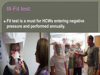 Fit test is a must for HCWs entering negative
pressure and performed annually.
 