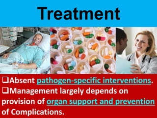 Treatment
Absent pathogen-specific interventions.
Management largely depends on
provision of organ support and prevention
of Complications.
 