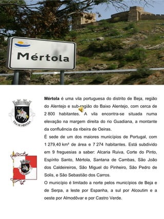 Mértola é uma vila portuguesa do distrito de Beja, região
do Alentejo e sub-região do Baixo Alentejo, com cerca de
2 800 habitantes. A vila encontra-se situada numa
elevação na margem direita do rio Guadiana, a montante
da confluência da ribeira de Oeiras.
É sede de um dos maiores municípios de Portugal, com
1 279,40 km² de área e 7 274 habitantes. Está subdivido
em 9 freguesias a saber: Alcaria Ruiva, Corte do Pinto,
Espírito Santo, Mértola, Santana de Cambas, São João
dos Caldeireiros, São Miguel do Pinheiro, São Pedro de
Solis, e São Sebastião dos Carros.
O município é limitado a norte pelos municípios de Beja e
de Serpa, a leste por Espanha, a sul por Alcoutim e a
oeste por Almodôvar e por Castro Verde.
 