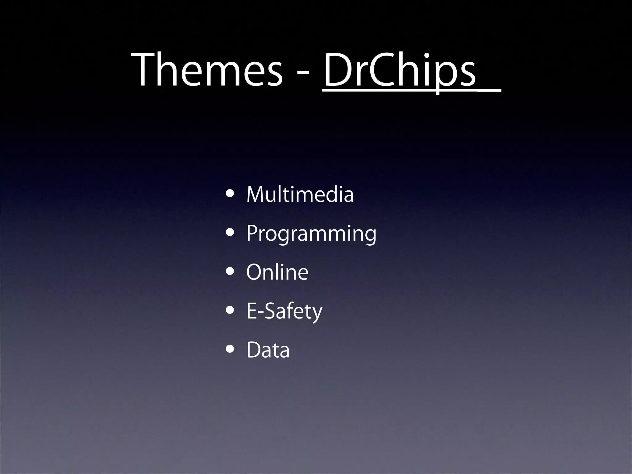 Themes - DrChips_
• Multimedia
• Programming
• Online
• E-Safety
• Data

 
