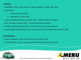 NATIONAL
1. NASSCOM - CNBC IT User Award in Travel & Logistics – 2008, 2009, 2010
2. CIO Awards
a. Enterprise Awards 2010
b. Bloomberg UTV CXO 2010
3. Express Intelligent Enterprise Awards 2010 – Retail & consumer product.
4. MIS IT Excellence Awards 2010 – Finalist best business enabler.
5. Outdoor Advertising Award 2010 – Winners of in-transit media category.
6. Best & Largest Taxi Company in the country by All India Passengers Association IN 2009
INTERNATIONAL
1. Feature program on BBC on the Meru Cabs business model.
2. The Wall Street Journal - Front page article in WSJ for successful business.
Source: Slideshare, Google, Economic Times, Radio Cabs Web-sites
 