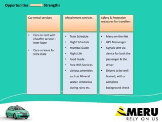 Opportunities Strengths
Car rental services Infotainment services Safety & Protection
measures for travellers
• Cars on rent with
chauffer service –
Inter State
• Cars on lease for
Intra state
• Train Schedule
• Flight Schedule
• Mumbai Guide
• Night Life
• Food Guide
• Free Wifi Services
• Various amenities
such as Mineral
Water, Umbrellas
during rains etc.
• Meru-on-the-Net
• GPS Messenger
• Signals sent via
device for both the
passenger & the
driver
• Drivers to be well
trained, with a
complete
background check
 