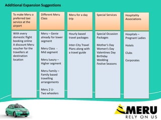Additional Expansion Suggestions
To make Meru a
preferred taxi
service at the
airport
With every
domestic flight
booking online
A discount Meru
voucher for the
travellers at
destination
location
Different Meru
Class
Meru – Genie
already for lower
segment
Meru Class -
Mid segment
Meru luxury –
Higher segment
Meru Family –
Family based
travelling
arrangements
Meru 2 U-
Two wheelers
Meru for a day
trip
Hourly based
travel packages
Inter-City Travel
Plans along with
a travel guide
Special Services
Special Occasion
Packages
Mother’s Day
Women’s Day
Valentines Day
Birthday
Wedding
Festive Seasons
Hospitality
Associations
Hospitals –
Pregnant Ladies
Hotels
Clubs
Corporates
 