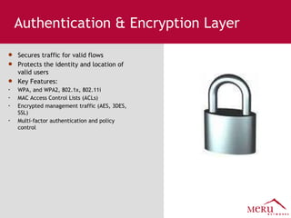 Authentication & Encryption Layer Secures traffic for valid flows Protects the identity and location of valid users  Key Features: WPA, and WPA2, 802.1x, 802.11i MAC Access Control Lists (ACLs) Encrypted management traffic (AES, 3DES, SSL) Multi-factor authentication and policy control 