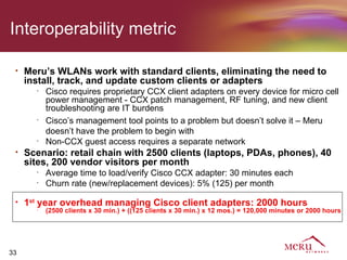 Interoperability metric

 •   Meru’s WLANs work with standard clients, eliminating the need to
     install, track, and update custom clients or adapters
       •
           Cisco requires proprietary CCX client adapters on every device for micro cell
           power management - CCX patch management, RF tuning, and new client
           troubleshooting are IT burdens
       •
           Cisco’s management tool points to a problem but doesn’t solve it – Meru
           doesn’t have the problem to begin with
       •
           Non-CCX guest access requires a separate network
 •   Scenario: retail chain with 2500 clients (laptops, PDAs, phones), 40
     sites, 200 vendor visitors per month
       •
           Average time to load/verify Cisco CCX adapter: 30 minutes each
       •
           Churn rate (new/replacement devices): 5% (125) per month

 •   1st year overhead managing Cisco client adapters: 2000 hours
       •
           (2500 clients x 30 min.) + ((125 clients x 30 min.) x 12 mos.) = 120,000 minutes or 2000 hours




33
 