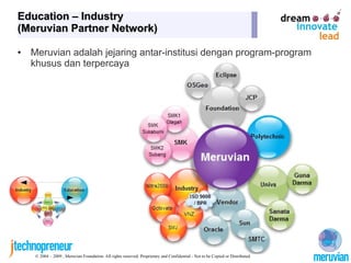 Education – Industry
(Meruvian Partner Network)

•   Meruvian adalah jejaring antar-institusi dengan program-program
    k...