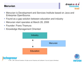 Meruvian

• Meruvian is Development and Services Institute based on Java and
  Enterprise OpenSource.
• Found as a gap solution between education and industry
• Meruvian start operates at March 28, 2006
• Founder: Frans Thamura
• Knowledge Management Oriented

                                                          Industry


                                                                                                     Meruvian


                                                       Education



   © 2004 – 2009 , Meruvian Foundation. All rights reserved. Proprietary and Confidential - Not to be Copied or Distributed.
 