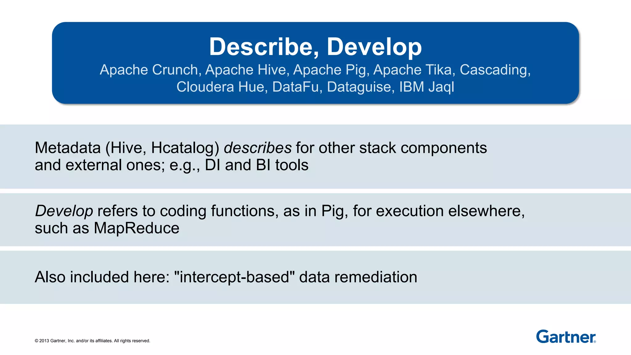 © 2013 Gartner, Inc. and/or its affiliates. All rights reserved.
Also included here: "intercept-based" data remediation
Develop refers to coding functions, as in Pig, for execution elsewhere,
such as MapReduce
Metadata (Hive, Hcatalog) describes for other stack components
and external ones; e.g., DI and BI tools
Describe, Develop
Apache Crunch, Apache Hive, Apache Pig, Apache Tika, Cascading,
Cloudera Hue, DataFu, Dataguise, IBM Jaql
 