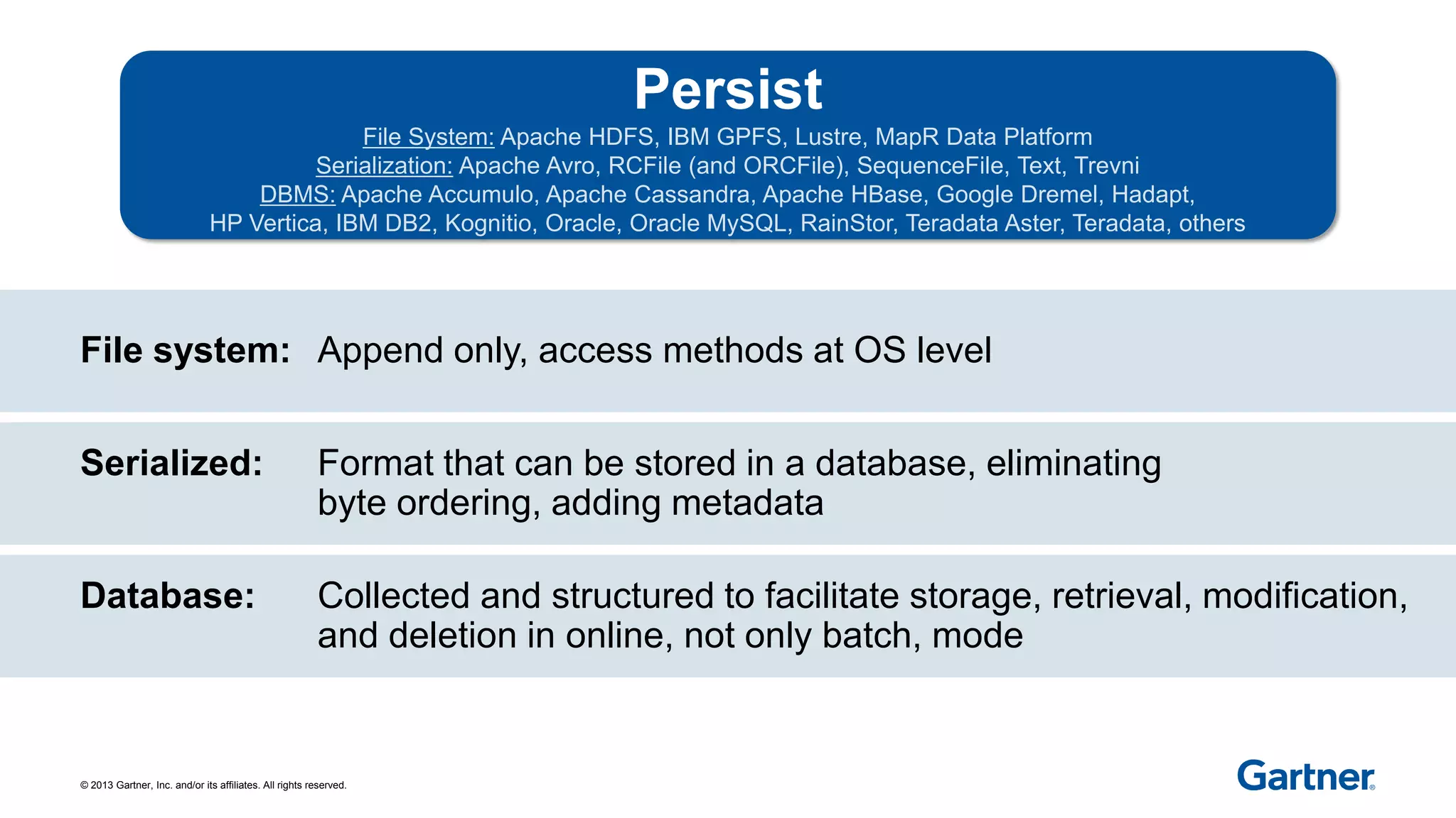 © 2013 Gartner, Inc. and/or its affiliates. All rights reserved.
File system: Append only, access methods at OS level
Database: Collected and structured to facilitate storage, retrieval, modification,
and deletion in online, not only batch, mode
Serialized: Format that can be stored in a database, eliminating
byte ordering, adding metadata
Persist
File System: Apache HDFS, IBM GPFS, Lustre, MapR Data Platform
Serialization: Apache Avro, RCFile (and ORCFile), SequenceFile, Text, Trevni
DBMS: Apache Accumulo, Apache Cassandra, Apache HBase, Google Dremel, Hadapt,
HP Vertica, IBM DB2, Kognitio, Oracle, Oracle MySQL, RainStor, Teradata Aster, Teradata, others
 