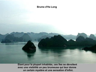 Etant pour la plupart inhabités, ces îles se dévoilent  avec une visibilité un peu brumeuse qui leur donne  un certain mystère et une sensation d'infini. Brume d'Ha Long 