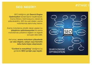 #STAGE 1
SEO NEDİR?
SEO bildiğimiz gibi Search Engine
Optimisation tamlamasının kısaltmasıdır.
Arama Motoru Optimizasyonu olarak da
adlandırabiliriz. SEO ile web siteleri, arama
motorlarında daha kolay taranır.
Arama motorlarına yönelik olarak yapılan bu
iyileştirme optimizasyonları ile arama
motorlarında yükselme sağlanır ve organik
sonuçlar elde edilir.
Asıl amaç; arama motorların yükselerek
var olan bilginin, satışın veya hizmetin
daha fazla kişiye ulaşmasıdır.
“Content is everything” dediğimiz bu
günlerde SEO içeriğin yapı taşıdır.
 