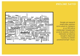 #KELİME SAYISI
Google çok kapsamlı
araştırmalar yaptıktan
sonra yararlı bir makalenin
en az 300 kelime
olabileceğini hesaplamıştır
ya da bir ziyaretçi, sitede 3
dakikadan az kalıyorsa
Google’ın düşüncesi
“ziyaretçi bu siteden
yararlanamamıştır” oluyor.
 