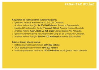 #ANAHTAR KELİME
Keywords ile içerik yazma kurallarına göre;
o İçerikteki Anahtar Kelime Oranı 2.5-3.0% Olmalıdır.
o Anahtar Kelime İçeriğin İlk 50-100 Kelimesi Arasında Bulunmalıdır.
o İçeriğin Görsellerinden En Az 1’inin Alt Etiketi Anahtar Kelime Olmalıdır
o Anahtar Kelime Kalın, İtalik ve Altı Çizili Olarak İçerikte Yer Almalıdır.
o İçerikte Anahtar Kelime ile Linklenen Bir Giriş Bir de Çıkış Linki Olmalıdır.
o Anahtar Kelime İçeriğin Son 50-100 Kelimesi Arasında Bulunmalıdır.
Eğer e-ticaret siteniz varsa;
• Kategori sayfalarına minimum 300-350 kelime
• Ürün sayfalarınıza minimum 150-200 kelime
• Marka sayfalarınıza minimum 150-200 kelime uzunluğunda metin olmalıdır.
 