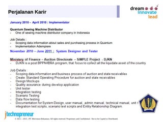 © 2011 – 2015 , PT. Mervotura Rekantara. All rights reserved. Proprietary and Confidential - Not to be Copied or Distributed.
Perjalanan KarirPerjalanan Karir
 