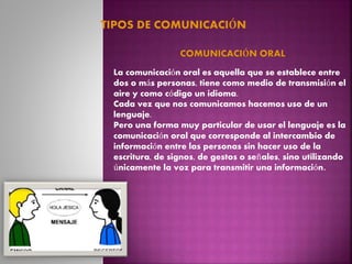 La comunicación oral es aquella que se establece entre
dos o más personas, tiene como medio de transmisión el
aire y como código un idioma.
Cada vez que nos comunicamos hacemos uso de un
lenguaje.
Pero una forma muy particular de usar el lenguaje es la
comunicación oral que corresponde al intercambio de
información entre las personas sin hacer uso de la
escritura, de signos, de gestos o señales, sino utilizando
únicamente la voz para transmitir una información.
 