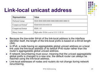 IPv6 Addressing 25
Link-local unicast address
 Because the low-order 64-bit of the link-local address is the interface
identifier itself, the length of the link-local prefix is based on a 64-bit length
(/64).
 In IPv6, a node having an aggregatable global unicast address on a local
link uses the link-local address of its default IPv6 router rather than the
router’s aggregatable global unicast address.
 If network renumbering must occur, meaning that the unicast aggregatable
global prefix is changed to a new one, the default router can always be
reached using the link-local address.
 Link-local addresses of nodes and routers do not change during network
renumbering.
 