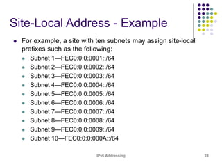 IPv6 Addressing 28
Site-Local Address - Example
 For example, a site with ten subnets may assign site-local
prefixes such as the following:
 Subnet 1—FEC0:0:0:0001::/64
 Subnet 2—FEC0:0:0:0002::/64
 Subnet 3—FEC0:0:0:0003::/64
 Subnet 4—FEC0:0:0:0004::/64
 Subnet 5—FEC0:0:0:0005::/64
 Subnet 6—FEC0:0:0:0006::/64
 Subnet 7—FEC0:0:0:0007::/64
 Subnet 8—FEC0:0:0:0008::/64
 Subnet 9—FEC0:0:0:0009::/64
 Subnet 10—FEC0:0:0:000A::/64
 