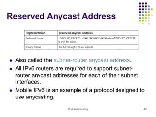 IPv6 Addressing 45
Reserved Anycast Address
 Also called the subnet-router anycast address.
 All IPv6 routers are required to support subnet-
router anycast addresses for each of their subnet
interfaces.
 Mobile IPv6 is an example of a protocol designed to
use anycasting.
 