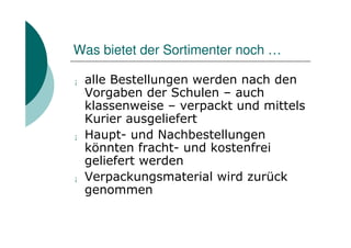 Was bietet der Sortimenter noch …

¡   alle Bestellungen werden nach den
    Vorgaben der Schulen – auch
    klassenweise – verpackt und mittels
    Kurier ausgeliefert
¡   Haupt- und Nachbestellungen
    könnten fracht- und kostenfrei
    geliefert werden
¡   Verpackungsmaterial wird zurück
    genommen
 