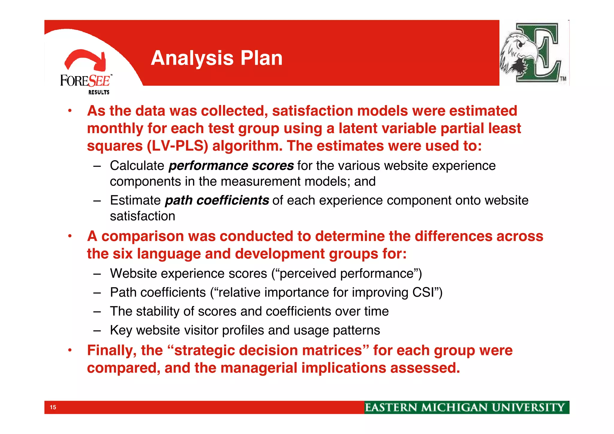 Analysis Plan
• As the data was collected, satisfaction models were estimated
monthly for each test group using a latent variable partial least
squares (LV-PLS) algorithm. The estimates were used to:
– Calculate performance scores for the various website experience
components in the measurement models; and
– Estimate path coefficients of each experience component onto website
satisfaction
15
satisfaction
• A comparison was conducted to determine the differences across
the six language and development groups for:
– Website experience scores (“perceived performance”)
– Path coefficients (“relative importance for improving CSI”)
– The stability of scores and coefficients over time
– Key website visitor profiles and usage patterns
• Finally, the “strategic decision matrices” for each group were
compared, and the managerial implications assessed.
 