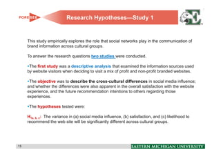 Research Hypotheses—Study 1


     This study empirically explores the role that social networks play in the communication of
     brand information across cultural groups.

     To answer the research questions two studies were conducted.

      The first study was a descriptive analysis that examined the information sources used
     by website visitors when deciding to visit a mix of profit and non-profit branded websites.

      The objective was to describe the cross-cultural differences in social media influence;
     and whether the differences were also apparent in the overall satisfaction with the website
     experience, and the future recommendation intentions to others regarding those
     experiences.

      The hypotheses tested were:

     H1a, b, c: The variance in (a) social media influence, (b) satisfaction, and (c) likelihood to
     recommend the web site will be significantly different across cultural groups.




15                                                                                                    15
 