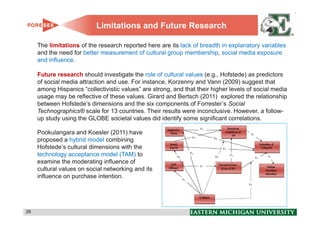 Limitations and Future Research

     The limitations of the research reported here are its lack of breadth in explanatory variables
     and the need for better measurement of cultural group membership, social media exposure
     and influence.

     Future research should investigate the role of cultural values (e.g., Hofstede) as predictors
     of social media attraction and use. For instance, Korzenny and Vann (2009) suggest that
     among Hispanics “collectivistic values” are strong, and that their higher levels of social media
     usage may be reflective of these values. Girard and Bertsch (2011) explored the relationship
     between Hofstede’s dimensions and the six components of Forrester’s Social
     Technographics® scale for 13 countries. Their results were inconclusive. However, a follow-
     up study using the GLOBE societal values did identify some significant correlations.

     Pookulangara and Koesler (2011) have
     proposed a hybrid model combining
     Hofstede’s cultural dimensions with the
     technology acceptance model (TAM) to
     examine the moderating influence of
     cultural values on social networking and its
     influence on purchase intention.




26                                                                                                      26
 