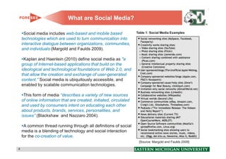What are Social Media?

     Social media includes web-based and mobile based               Table 1: Social Media Examples
    technologies which are used to turn communication into
    interactive dialogue between organizations, communities,
    and individuals (Margold and Faulds 2009).

     Kaplan and Haenlein (2010) define social media as "a
    group of Internet-based applications that build on the
    ideological and technological foundations of Web 2.0, and
    that allow the creation and exchange of user-generated
    content.” Social media is ubiquitously accessible, and
    enabled by scalable communication technologies.

     This form of media ‘‘describes a variety of new sources
    of online information that are created, initiated, circulated
    and used by consumers intent on educating each other
    about products, brands, services, personalities, and
    issues’’ (Blackshaw and Nazzaro 2004).

     A common thread running through all definitions of social
    media is a blending of technology and social interaction
    for the co-creation of value.
                                                                     [Source: Margold and Faulds 2009]

4                                                                                                        4
 