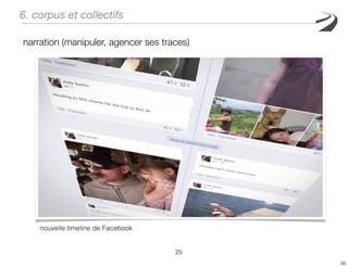 6. corpus et collectifs

narration (manipuler, agencer ses traces)




    nouvelle timeline de Facebook


               ...