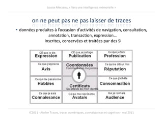 données produites à l’occasion d’activités de navigation, consultation, annotation, transaction, expression…  inscrites, conservées et traitées par des SI 