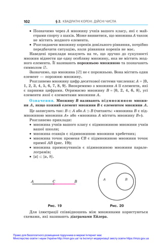 § 2. Квадратні корені. Дійсні числа
102
•	 Позначимо через A множину учнів вашого класу, які є май-
страми спорту з шахів. Може виявитися, що множина A також
не містить жодного елемента.
•	 Розглядаючи множину коренів довільного рівняння, потрібно
передбачити ситуацію, коли рівняння коренів не має.
Наведені приклади вказують на те, що зручно до сукупності
множин віднести ще одну особливу множину, яка не містить жод-
ного елемента. Її називають порожньою множиною та позначають
символом ∅.
Зазначимо, що множина {∅} не є порожньою. Вона містить один
елемент — порожню множину.
Розглянемо множину цифр десяткової системи числення: A = {0,
1, 2, 3, 4, 5, 6, 7, 8, 9}. Виокремимо з множини A її елементи, які
є парними цифрами. Отримаємо множину B = {0, 2, 4, 6, 8}, усі
елементи якої є елементами множини A.
Означення. Множину B називають підмножиною множи-
ни A, якщо кожний елемент множини B є елементом множини A.
Це записують так: B ⊂ A або A ⊃ B (читають: «множина B є під-
множиною множини A» або «множина A містить множину B»).
Розглянемо приклади:
•	 множина учнів вашого класу є підмножиною множини учнів
вашої школи;
•	 множина ссавців є підмножиною множини хребетних;
•	 множина точок променя CB є підмножиною множини точок
прямої AB (рис. 19);
•	 множина прямокутників є  підмножиною множини парале-
лограмів;
•	 {a} ⊂ {a, b}.
A C B
A B
Рис. 19 Рис. 20
Для ілюстрації співвідношень між множинами користуються
схемами, які називають діаграмами Ейлера.
Право для безоплатного розміщення підручника в мережі Інтернет має
Міністерство освіти і науки України http://mon.gov.ua/ та Інститут модернізації змісту освіти https://imzo.gov.ua
 