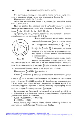 § 2. Квадратні корені. Дійсні числа
106
Усі натуральні числа, протилежні їм числа та число нуль утво-
рюють множину цілих чисел, яку позначають буквою Z.
Наприклад,  
2 Z, Z
0∈ , Z
5∈ .
Множина натуральних чисел є підмножиною множини цілих
чисел, тобто N Z
⊂ .
Цілі та дробові (як додатні, так і від’ємні) числа утворюють
множину раціональних чисел, яку позначають буквою . Напри-
клад,
2
3
∈,  
0 2
, ,
 0∈,  
3 , 15∈.
Зрозуміло, що Z ⊂ . Схема, зображена на рисунку 21, показує,
як співвідносяться множини N, Z і .
Кожне раціональне число можна подати
у вигляді відношення
m
n
, де m — ціле число,
а n — натуральне. Наприклад, 5
5
1
= ,  

3
3
1
,
0 2
1
5
, ,
= 0
0
7
= , 5 3
53
10
, .
= З можливістю такого
подання пов’язана назва «раціональне чис-
ло»: одним із значень латинського слова ratio
є «відношення».
У 6 класі ви дізналися, що кожне раціо-
нальне число можна подати у вигляді скін-
ченного десяткового дробу або у вигляді нескінченного періодич-
ного десяткового дробу. Для дробу
m
n
таке подання можна отрима-
ти, виконавши ділення числа m на число n куточком.
Наприклад,
5
8
0 625
= , , 5
11
0 454545
= , ....
Число
5
8
записано у  вигляді скінченного десяткового дробу,
а число
5
11
 — у вигляді нескінченного періодичного десяткового
дробу. У записі 0,454545... цифри 4 і 5 періодично повторюються.
Групу цифр, яка повторюється, називають періодом дробу й за-
писують у круглих дужках. У даному випадку період дробу стано-
вить 45, а дріб
5
11
записують так:
5
11
0 45
= ,( ).
Зауважимо, що будь-який скінченний десятковий дріб і будь-
яке ціле число можна подати у вигляді нескінченного періодичного
десяткового дробу. Наприклад,
0,625 = 0,6250000... = 0,625(0);
2 = 2,000... = 2,(0).
Отже, кожне раціональне число можна подати у вигляді не�
скінченного періодичного десяткового дробу.



Рис. 21
Право для безоплатного розміщення підручника в мережі Інтернет має
Міністерство освіти і науки України http://mon.gov.ua/ та Інститут модернізації змісту освіти https://imzo.gov.ua
 