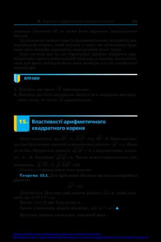 15. Властивості арифметичного квадратного кореня 115
довжина діагоналі AC не може бути виражена раціональним
числом.
Це відкриття змінило один із фундаментальних постулатів дав-
ньогрецьких вчених, який полягав у тому, що відношення будь-
яких двох величин виражають відношенням цілих чисел.
Існує легенда про те, що піфагорійці тримали відкриття ірра­
ціональних чисел у найсуворішій таємниці, а людину, яка розголо-
сила цей факт, покарали боги: вона загинула під час корабельної
катастрофи.
ВПРАВИ
1. Доведіть, що число 3 ірраціональне.
2. Доведіть, що коли натуральне число n не є квадратом натураль-
ного числа, то число n ірраціональне.
15. Властивості арифметичного
квадратного кореня
Легко перевірити, що 5 5
2
= , 1 4 1 4
2
, , ,
= 0 0
2
= . Може здатися,
що при будь-якому значенні а виконується рівність a a
2
= . Проте
це не так. Наприклад, рівність ( )
− = −
5 5
2
є неправильною, оскіль-
ки –5  0. Насправді ( ) .
− =
5 5
2
Також можна переконатися, що,
наприклад, ( ) ,
 
7 7
2
( , ) , .
 
2 8 2 8
2
Узагалі, є справедливою така теорема.
Теорема 15.1. Для будь-якого дійсного числа а виконується
рівність
a a
2
= .
Доведення. Для того щоб довести рівність a b
= , треба пока-
зати, що bl 0 і b2
 = a.
Маємо: a l 0 при будь-якому a.
Також з означення модуля випливає, що a a
2 2
= . 
Наступна теорема узагальнює доведений факт.
Право для безоплатного розміщення підручника в мережі Інтернет має
Міністерство освіти і науки України http://mon.gov.ua/ та Інститут модернізації змісту освіти https://imzo.gov.ua
 