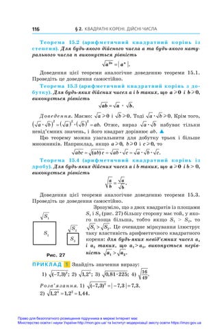 § 2. Квадратні корені. Дійсні числа
116
Теорема  15.2 (арифметичний квадратний корінь із
степеня). Для будь-якого дійсного числа а та будь-якого нату�
рального числа n виконується рівність
a a
n n
2
= .
Доведення цієї теореми аналогічне доведенню теореми 15.1.
Проведіть це доведення самостійно.
Теорема 15.3 (арифметичний квадратний корінь з до-
бутку). Для будь-яких дійсних чисел а і b таких, що a l 0 і b l 0,
виконується рівність
ab a b
= æ .
Доведення. Маємо: a l 0 і  b l 0. Тоді a b
æ l 0. Крім того,
a b a b ab
æ æ
       
2 2 2
. Отже, вираз a b
æ набуває тільки
невід’ємних значень, і його квадрат дорівнює ab. 
Цю теорему можна узагальнити для добутку трьох і  більше
множників. Наприклад, якщо a l 0, bl 0 і cl 0, то
abc ab c ab c a b c
= = =
( ) .
æ æ æ
Теорема  15.4 (арифметичний квадратний корінь із
дробу). Для будь-яких дійсних чисел а і b таких, що a l 0 і b  0,
виконується рівність
a
b
a
b
= .
Доведення цієї теореми аналогічне доведенню теореми 15.3.
Проведіть це доведення самостійно.
Зрозуміло, що з двох квадратів із площами
S1 і S2 (рис. 27) більшу сторону має той, у яко-
го площа більша, тобто якщо S1    S2, то
S S
1 2
 . Це очевидне міркування ілюструє
таку властивість арифметичного квадратного
кореня: для будь-яких невід’ємних чисел a1
і  a2 таких, що a1 
 
a2, виконується нерів�
ність a a
1 2
 .
ПРИКЛАД  1  Знайдіть значення виразу:
1) ( , ) ;
−7 3 2
2) 1 24
, ; 3)  0 81 225
, ;
æ 4)
16
49
.
Розв’язання. 1) ( , ) , , .
− = − =
7 3 7 3 7 3
2
2) 1 2 1 2 1 44
4 2
, , , .
= =
S1
S1
S2
S2
Рис. 27
Право для безоплатного розміщення підручника в мережі Інтернет має
Міністерство освіти і науки України http://mon.gov.ua/ та Інститут модернізації змісту освіти https://imzo.gov.ua
 
