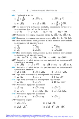 § 2. Квадратні корені. Дійсні числа
136
561.° Порівняйте числа:
1)
1
3
і 
1
5
;	 3) 33 і 6;	 5) 30 і 2 7;
2) 9 і  82;	 4) 3 5 і  42;	 6) 7
1
7
і 
1
2
20.
562.•
  Не виконуючи побудови, знайдіть координати точки пере-
тину графіка функції y x
= і прямої:
1) y = 1;	 2) y = 0,8;	 3) y = –6;	 4) y = 500.
563.•
 Запишіть у порядку спадання числа: 8, 62, 7,9, 65, 8,2.
564.•
 Запишіть у порядку зростання числа: 38, 6,1, 6, 35, 5,9.
565.•
 Між якими двома послідовними цілими числами розташоване
на координатній прямій число:
1) 2;	 4) 7;	 7) 59;
2) 3;	 5) 13;	 8) − 115;
3) 5;	 6) 0 98
, ;	 9) − 76 19
, ?
566.•
 Між якими двома послідовними цілими числами розташоване
на координатній прямій число:
1) 6; 2) 19; 3) 29; 4) 160; 5) − 86; 6) − 30 5
, ?
567.•
  Укажіть усі цілі числа, які розташовані на координатній
прямій між числами:
1) 3 і  68;	 2) 7 і  77;	 3) − 31 і –2,3;	 4) − 42 і 2,8.
568.•
  Укажіть усі цілі числа, які розташовані на координатній
прямій між числами:
1) 3 і  13;	 2) 10 і  90;	 3) − 145 і − 47.
569.•
 При яких значеннях x виконується нерівність:
1) x l2;	 2) x  4;	 3) 6 9
m x  ?
570.•
 При яких значеннях x виконується нерівність:
1) x m8;	 2) x 7;	 3) 10 20
m m
x ?
571.•
 Розв’яжіть графічно рівняння:
1) x x
= ;	 3) x x
 2;	 5) x
x
=
8
;
2) x x
= 2
;	 4) x x
 
0 5 0 5
, , ;	 6) x x
 
1 5 0 5
, , .
572.•
 Розв’яжіть графічно рівняння:
1) x x
  1;	 2) x x
 
2 ;	 3) x
x
=
1
.
573.•
 Спростіть вираз:
1) 1 2
2

  ;	 3) 2 5 3
2

  ;
2) 6 7
2

  ;	 4) 3 2 3 3
2 2

   
  .
Право для безоплатного розміщення підручника в мережі Інтернет має
Міністерство освіти і науки України http://mon.gov.ua/ та Інститут модернізації змісту освіти https://imzo.gov.ua
 