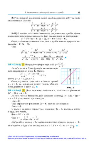 2. Основна властивість раціонального дробу 13
2) Тут спільний знаменник даних дробів дорівнює добутку їхніх
знаменників. Маємо:
1
2 2
a b
a b
a b a b
a b
a b


 


 
( ) ( )
;
1
2 2
a b
a b
a b a b
a b
a b


 


 
( ) ( )
.
3) Щоб знайти спільний знаменник раціональних дробів, буває
корисним попередньо розкласти їхні знаменники на множники:
a2
 – 36 = (a + 6) (a – 6), a2
 + 6a = a (a + 6).
Отже, спільним знаменником даних дробів може слугувати ви-
раз a (a + 6) (a – 6).
Тоді
4
36
4
6 6
4
6 6
4
36
2
2
2 3 3
3
a
a
a
a a
a
a a a
a
a a
a
− + − + − −
= = =
/
( ) ( ) ( ) ( )
;
6
6
6
6
6 6
6 6
6 36
36
2
6
3
a a a a
a
a a a
a
a a
a
+ +
−
+ −
−
−
= = =
− /
( )
( )
( ) ( )
.
ПРИКЛАД  5  Побудуйте графік функції y
x
x



2
1
1
.
Розв’язання. Дана функція визначена при
всіх значеннях x, крім 1. Маємо:
x
x
x x
x
x
2
1
1
1 1
1
1


 

  
( ) ( )
,
тобто y = x + 1, де x ≠ 1.
Отже, шуканим графіком є всі точки прямої
y = x + 1, за винятком однієї точки, абсциса
якої дорівнює 1 (рис. 2). 
ПРИКЛАД  6  Для кожного значення а  розв’яжіть рівняння
(a2
 – 9) x = a + 3.
Розв’язання. Запишемо дане рівняння у вигляді (a + 3) 
(a – 3) 
x =
= a + 3 і розглянемо три випадки.
1) a = 3.
Тоді отримуємо рівняння 0x = 6, яке не має коренів.
2) a = –3.
У  цьому випадку отримуємо рівняння 0x = 0, коренем якого
є будь-яке число.
3) a ≠ 3 і a ≠ –3.
Тоді x
a
a a a
 

  
3
3 3
1
3
( ) ( )
.
Відповідь: якщо a = 3, то рівняння не має коренів; якщо a = –3,
то коренем є будь-яке число; якщо a ≠ 3 і a ≠ –3, то x
a


1
3
. 
y
x
0
1
1
Рис. 2
Право для безоплатного розміщення підручника в мережі Інтернет має
Міністерство освіти і науки України http://mon.gov.ua/ та Інститут модернізації змісту освіти https://imzo.gov.ua
 