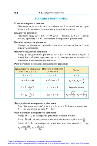 § 3. Квадратні рівняння
192
ГОЛОВНЕ В ПАРАГРАФІ 3
Рівняння першого степеня
Рівняння виду ax = b, де x — змінна, a і b — деякі числа, при-
чому a ≠ 0, називають рівнянням першого степеня.
Квадратне рівняння
Рівняння виду ax2
 + bx + c = 0, де x — змінна, a, b і c — деякі
числа, причому a ≠ 0, називають квадратним рівнянням.
Зведене квадратне рівняння
Квадратне рівняння, перший коефіцієнт якого дорівнює 1, на-
зивають зведеним.
Неповне квадратне рівняння
Якщо у  квадратному рівнянні ax2
 + bx + c = 0 хоча  б один із
коефіцієнтів b або c дорівнює нулю, то таке рівняння називають
неповним квадратним рівнянням.
Розв’язування неповного квадратного рівняння
Коефіцієнти рівняння
ax2
 + bx + c = 0
Неповне квадратне
рівняння
Корені
b = c = 0 ax2
 = 0 x = 0
b ≠ 0, c = 0 ax2
 + bx = 0 x1 = 0, x
b
a
2  
b = 0,  
c
a
0 ax2
 + c = 0 Коренів немає
b = 0,  
c
a
0 ax2
 + c = 0 x
c
a
1   , x
c
a
2   
Дискримінант квадратного рівняння
Для рівняння виду ax2
 + bx + c = 0, де a ≠ 0, його дискримінант
D — це значення виразу b2
 – 4ac.
Розв’язування квадратного рівняння
Якщо D  0, то квадратне рівняння коренів не має.
Якщо D = 0, то квадратне рівняння має один корінь x
b
a
 
2
.
Якщо D    0, то квадратне рівняння має два корені x1 і  x2:
x
b D
a
1
2

 
, x
b D
a
2
2

 
.
Право для безоплатного розміщення підручника в мережі Інтернет має
Міністерство освіти і науки України http://mon.gov.ua/ та Інститут модернізації змісту освіти https://imzo.gov.ua
 