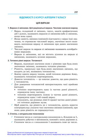 217
ВІДОМОСТІ З КУРСУ АЛГЕБРИ 7 КЛАСУ
ЦІЛІ ВИРАЗИ
1. Вирази зі змінними. Цілі раціональні вирази. Числове значення виразу
9
9 Вираз, складений зі змінних, чисел, знаків арифметичних
дій і дужок, називають виразом зі змінними (або зі змінною,
якщо вона одна).
9
9 Якщо замість змінних (змінної) підставити у вираз їхні зна-
чення, то отримаємо числовий вираз, значення якого нази-
вають значенням виразу зі змінними при даних значеннях
змінних.
9
9 Числові вирази ������������������������������������������
та����������������������������������������
вирази зі змінними називають алгебраїч-
ними виразами.
9
9 Вирази зі змінними, які не містять ділення на вирази зі
змінними, називають цілими виразами.
2. Тотожно рівні вирази. Тотожності
9
9 Вирази, відповідні значення яких є рівними при будь-яких
значеннях змінних, називають тотожно рівними.
9
9 Рівність, правильну при будь-яких значеннях змінних, що
входять до неї, називають тотожністю.
9
9 Заміну одного виразу іншим, який тотожно дорівнює йому,
називають тотожним перетворенням.
9
9 Довести тотожність — це означає довести, що дана рівність
є тотожністю.
9
9 Для доведення тотожностей використовують такі прийоми
(методи):
•	 тотожно перетворюють одну із частин даної рівності,
отримуючи іншу частину;
•	 тотожно перетворюють кожну із частин даної рівності,
отримуючи один і той самий вираз;
•	 показують, що різниця лівої й правої частин даної рівно-
сті тотожно дорівнює нулю.
9
9 Щоб довести, що рівність не є тотожністю, досить навести
контрприклад: указати такі значення змінних (змінної), при
яких дана рівність не справджується.
3. Степінь з натуральним показником
9
9 Степенем числа a з натуральним показником n, більшим за 1,
називають добуток n множників, кожний з яких дорівнює a.
9
9 Степенем числа a з показником 1 називають саме це число.
Право для безоплатного розміщення підручника в мережі Інтернет має
Міністерство освіти і науки України http://mon.gov.ua/ та Інститут модернізації змісту освіти https://imzo.gov.ua
 