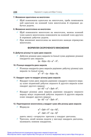 Відомості з курсу алгебри 7 класу
220
7. Множення одночлена на многочлен
9
9 Щоб помножити одночлен на многочлен, треба помножити
цей одночлен на кожний член многочлена й  отримані до-
бутки додати.
8. Множення многочлена на многочлен
9
9 Щоб помножити многочлен на многочлен, можна кожний
член одного многочлена помножити на кожний член другого
й отримані добутки додати.
9
9 При множенні многочлена на многочлен завжди отримуємо
многочлен.
ФОРМУЛИ СКОРОЧЕНОГО МНОЖЕННЯ
9. Добуток різниці та суми двох виразів
9
9 Добуток різниці двох виразів та їхньої суми дорівнює різниці
квадратів цих виразів:
( ) ( ) .
a b a b a b
   
2 2
10. Різниця квадратів двох виразів
9
9 Різниця квадратів двох виразів дорівнює добутку різниці цих
виразів та їхньої суми.
a b a b a b
2 2
   
( ) ( ).
11. Квадрат суми та квадрат різниці двох виразів
9
9 Квадрат суми двох виразів дорівнює квадрату першого вира-
зу плюс подвоєний добуток першого й другого виразів плюс
квадрат другого виразу:
( ) .
a b a ab b
   
2 2 2
2
9
9 Квадрат різниці двох виразів дорівнює квадрату першого
виразу мінус подвоєний добуток першого й другого виразів
плюс квадрат другого виразу:
( ) .
a b a ab b
   
2 2 2
2
12. Перетворення многочлена у квадрат суми або різниці двох виразів
9
9 Формули
a ab b a b
2 2 2
2
   
( ) ,
a ab b a b
2 2 2
2
   
( )
дають змогу «згорнути» тричлен у квадрат двочлена.
9
9 Тричлен, який можна подати у вигляді квадрата двочлена,
називають повним квадратом.
Право для безоплатного розміщення підручника в мережі Інтернет має
Міністерство освіти і науки України http://mon.gov.ua/ та Інститут модернізації змісту освіти https://imzo.gov.ua
 
