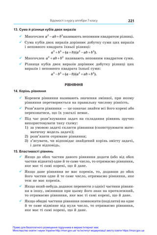 Відомості з курсу алгебри 7 класу 221
13. Сума й різниця кубів двох виразів
9
9 Многочлен a ab b
2 2
  називають неповним квадратом різниці.
9
9 Cума кубів двох виразів дорівнює добутку суми цих виразів
і неповного квадрата їхньої різниці:
a b a b a ab b
3 3 2 2
    
( ) ( ).
9
9 Многочлен a ab b
2 2
+ + називають неповним квадратом суми.
9
9 Різниця кубів двох виразів дорівнює добутку різниці цих
виразів і неповного квадрата їхньої суми:
a b a b a ab b
3 3 2 2
    
( ) ( ).
РІВНЯННЯ
14. Корінь рівняння
9
9 Коренем рівняння називають значення змінної, при якому
рівняння перетворюється на правильну числову рівність.
9
9 Розв’язати рівняння — це означає знайти всі його корені або
переконатися, що їх узагалі немає.
9
9 Під час розв’язування задач на складання рівнянь зручно
використовувати таку схему:
1) 	за умовою задачі скласти рівняння (сконструювати мате-
матичну модель задачі);
2) 	розв’язати отримане рівняння;
3) 	з’ясувати, чи відповідає знайдений корінь змісту задачі,
і дати відповідь.
15. Властивості рівнянь
9
9 Якщо до обох частин даного рівняння додати (або від обох
частин відняти) одне й те саме число, то отримаємо рівняння,
яке має ті самі корені, що й дане.
9
9 Якщо дане рівняння не має коренів, то, додавши до обох
його частин одне й те саме число, отримаємо рівняння, яке
теж не має коренів.
9
9 Якщо який-небудь доданок перенести з однієї частини рівнян-
ня в іншу, змінивши при цьому його знак на протилежний,
то отримаємо рівняння, яке має ті самі корені, що й дане.
9
9 Якщо обидві частини рівняння помножити (поділити) на одне
й те саме відмінне від нуля число, то отримаємо рівняння,
яке має ті самі корені, що й дане.
Право для безоплатного розміщення підручника в мережі Інтернет має
Міністерство освіти і науки України http://mon.gov.ua/ та Інститут модернізації змісту освіти https://imzo.gov.ua
 