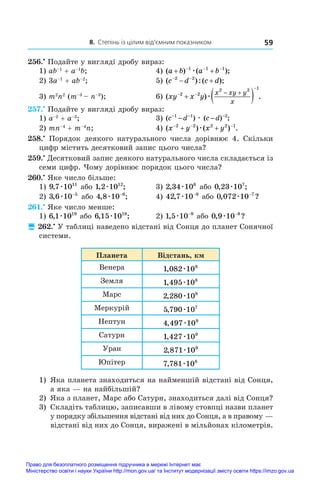 8. Степінь із цілим від’ємним показником 59
256.•
 Подайте у вигляді дробу вираз:
1) ab–1
 + a–1
b;	 4) ( ) ( );
a b a b
 
  
1 1 1
æ
2) 3a–1
 + ab–2
;	 5) ( ):( );
c d c d
 
 
2 2
3) m2
n2
(m–3 
– n–3
);	 6) ( ) .
xy x y
x xy y
x
 

  
 
2 2
2 2 1
æ
257.•
 Подайте у вигляді дробу вираз:
1) a–2
 + a–3
;	 3) ( ) ( ) ;
c d c d
− − −
− −
1 1 2
æ
2) mn–4
 + m–4
n;	 4) ( ) ( ) .
x y x y
  
 
2 2 2 2 1
æ
258.•
  Порядок деякого натурального числа дорівнює 4. Скільки
цифр містить десятковий запис цього числа?
259.•
 Десятковий запис деякого натурального числа складається із
семи цифр. Чому дорівнює порядок цього числа?
260.•
 Яке число більше:
1) 9 7 1011
, æ або 1 2 1012
, ;
æ 	 3) 2 34 106
, æ або 0 23 107
, ;
æ
2) 3 6 10 5
, æ −
або 4 8 10 6
, ;
æ −
	 4) 42 7 10 9
, æ −
або 0 072 10 7
, ?
æ −
261.•
 Яке число менше:
1) 6 1 1019
, æ або 6 15 1018
, ;
æ 	 2) 1 5 10 9
, æ −
або 0 9 10 8
, ?
æ −
 262.•
 У таблиці наведено відстані від Сонця до планет Сонячної
системи.
Планета Відстань, км
Венера 1 082 108
, æ
Земля 1 495 108
, æ
Марс 2 280 108
, æ
Меркурій 5 790 107
, æ
Нептун 4 497 109
, æ
Сатурн 1 427 109
, æ
Уран 2 871 109
, æ
Юпітер 7 781 108
, æ
1) 	Яка планета знаходиться на найменшій відстані від Сонця,
а яка — на найбільшій?
2) 	Яка з планет, Марс або Сатурн, знаходиться далі від Сонця?
3) 	Складіть таблицю, записавши в лівому стовпці назви планет
у порядку збільшення відстані від них до Сонця, а в правому —
відстані від них до Сонця, виражені в мільйонах кілометрів.
Право для безоплатного розміщення підручника в мережі Інтернет має
Міністерство освіти і науки України http://mon.gov.ua/ та Інститут модернізації змісту освіти https://imzo.gov.ua
 