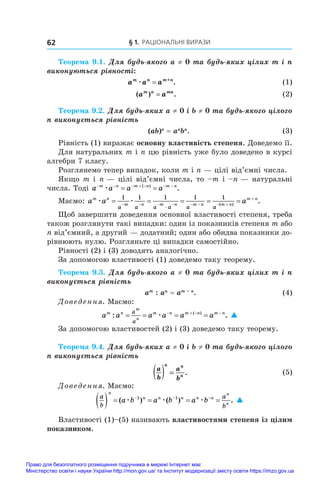 § 1. Раціональні вирази
62
Теорема 9.1. Для будь-якого a ≠ 0 та будь-яких цілих m і n
виконуються рівності:
	 a a a
m n m+n
æ = .	 (1)
	 ( ) .
a a
m n mn
= 	 (2)
Теорема 9.2. Для будь-яких a ≠ 0 і b ≠ 0 та будь-якого цілого
n виконується рівність
	 (ab)n
 = an
bn
.	 (3)
Рівність (1) виражає основну властивість степеня. Доведемо її.
Для натуральних m і n цю рівність уже було доведено в курсі
алгебри 7 класу.
Розглянемо тепер випадок, коли m і n — цілі від’ємні числа.
Якщо m і n — цілі від’ємні числа, то –m і –n — натуральні
числа. Тоді a a a a
n m n m n
      
 
m
æ ( )
.
Маємо: a a a
m n
m n m n m n m n
m n
a a a a a a
æ æ
    
       


1 1 1 1 1
( )
.
Щоб завершити доведення основної властивості степеня, треба
також розглянути такі випадки: один із показників степеня m або
n від’ємний, а другий — додатний; один або обидва показники до-
рівнюють нулю. Розгляньте ці випадки самостійно.
Рівності (2) і (3) доводять аналогічно.
За допомогою властивості (1) доведемо таку теорему.
Теорема 9.3. Для будь-якого a ≠ 0 та будь-яких цілих m і n
виконується рівність
	 am
: an
 = am – n
.	 (4)
Доведення. Маємо:
a a a a a a
m n
m
n
m n m n m n
a
a
: .
( )
   
   
æ 
За допомогою властивостей (2) і (3) доведемо таку теорему.
Теорема 9.4. Для будь-яких a ≠ 0 і b ≠ 0 та будь-якого цілого
n виконується рівність
	 a
b
a
b
n n
n
( ) = .	 (5)
Доведення. Маємо:
a
b
a
b
n
n n n n n
n
n
a b a b a b
     
  
( ) ( ) .
æ æ æ
1 1

Властивості (1)–(5) називають властивостями степеня із цілим
показником.
Право для безоплатного розміщення підручника в мережі Інтернет має
Міністерство освіти і науки України http://mon.gov.ua/ та Інститут модернізації змісту освіти https://imzo.gov.ua
 