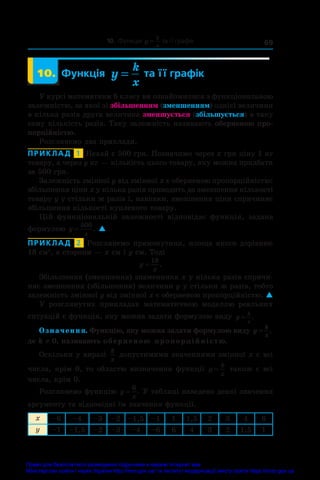 69
10. Функція y
k
x
= .та її графік
	 10.	 Функція y
k
x
= та її графік
У курсі математики 6 класу ви ознайомилися з функціональною
залежністю, за якої зі збільшенням (зменшенням) однієї величини
в кілька разів друга величина зменшується (збільшується) в таку
саму кількість разів. Таку залежність називають оберненою про-
порційністю.
Розглянемо два приклади.
ПРИКЛАД  1  Нехай є 500 грн. Позначимо через x грн ціну 1 кг
товару, а через y кг — кількість цього товару, яку можна придбати
за 500 грн.
Залежність змінної y від змінної x є оберненою пропорційністю:
збільшення ціни x у кілька разів приводить до зменшення кількості
товару y у стільки ж разів і, навпаки, зменшення ціни спричиняє
збільшення кількості купленого товару.
Цій функціональній залежності відповідає функція, задана
формулою y
x
=
500
. 
ПРИКЛАД  2  Розглянемо прямокутник, площа якого дорівнює
18 см2
, а сторони — x см і y см. Тоді
y
x
=
18
.
Збільшення (зменшення) знаменника x у кілька разів спричи-
няє зменшення (збільшення) величини y у стільки ж разів, тобто
залежність змінної y від змінної x є оберненою пропорційністю. 
У  розглянутих прикладах математичною моделлю реальних
ситуацій є функція, яку можна задати формулою виду y
k
x
= .
Означення. Функцію, яку можна задати формулою виду y
k
x
= ,
де k ≠ 0, називають оберненою пропорційністю.
Оскільки у виразі
k
x
допустимими значеннями змінної x є всі
числа, крім 0, то областю визначення функції y
k
x
= також є всі
числа, крім 0.
Розглянемо функцію y
x
=
6
. У таблиці наведено деякі значення
аргументу та відповідні їм значення функції.
x –6 –4 –3 –2 –1,5 –1 1 1,5 2 3 4 6
y –1 –1,5 –2 –3 –4 –6 6 4 3 2 1,5 1
Право для безоплатного розміщення підручника в мережі Інтернет має
Міністерство освіти і науки України http://mon.gov.ua/ та Інститут модернізації змісту освіти https://imzo.gov.ua
 