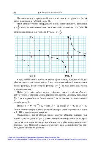 § 1. Раціональні вирази
70
Позначимо на координатній площині точки, координати (x; y)
яких наведено в таблиці (рис. 3).
Чим більше точок, координати яких задовольняють рівняння
y
x
=
6
, нам удасться позначити, тим менше отримана фігура (рис. 4)
відрізнятиметься від графіка функції y
x
=
6
.
0 1
1
x
y
0 1
1
x
y
Рис. 3 Рис. 4
Серед позначених точок не може бути точки, абсциса якої до-
рівнює нулю, оскільки число 0 не належить області визначення
даної функції. Тому графік функції y
x
=
6
не має спільних точок
з віссю ординат.
Крім того, цей графік не має спільних точок і з віссю абсцис,
тобто точок, ординати яких дорівнюють нулю. Справді, рівняння
6
0
x
= не має розв’язків. Отже, число 0 не належить області значень
даної функції.
Якщо x    0, то
6
0
x
 , тобто y    0; якщо x    0, то y    0.
Отже, точки графіка даної функції можуть розміщуватися тільки
в I і ІІІ координатних чвертях.
Зауважимо, що зі збільшенням модуля абсциси відстані від
точок графіка функції y
x
=
6
до осі абсцис зменшуються та можуть
стати як завгодно малими, але ніколи не дорівнюватимуть нулю.
Справді, чим більший модуль аргументу, тим менший модуль від-
повідного значення функції.
Право для безоплатного розміщення підручника в мережі Інтернет має
Міністерство освіти і науки України http://mon.gov.ua/ та Інститут модернізації змісту освіти https://imzo.gov.ua
 